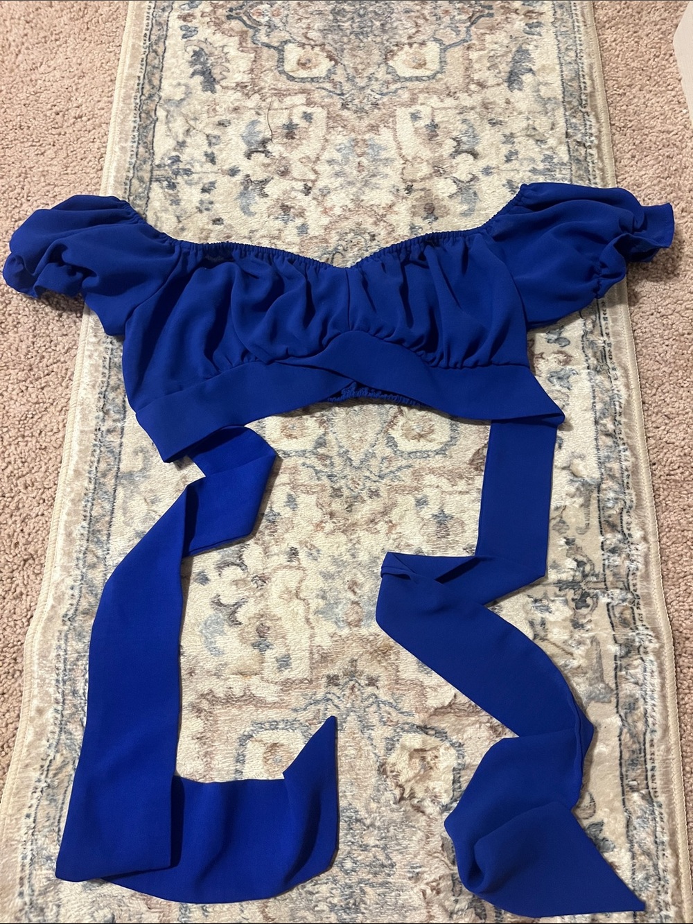 Blue Off-Shoulder Tie-Front Crop Top
